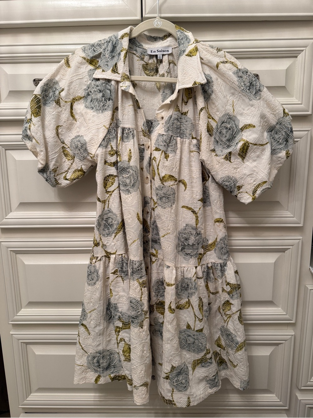 En Saison Cream Dress with Blue Floral Print and Olive Leaves
